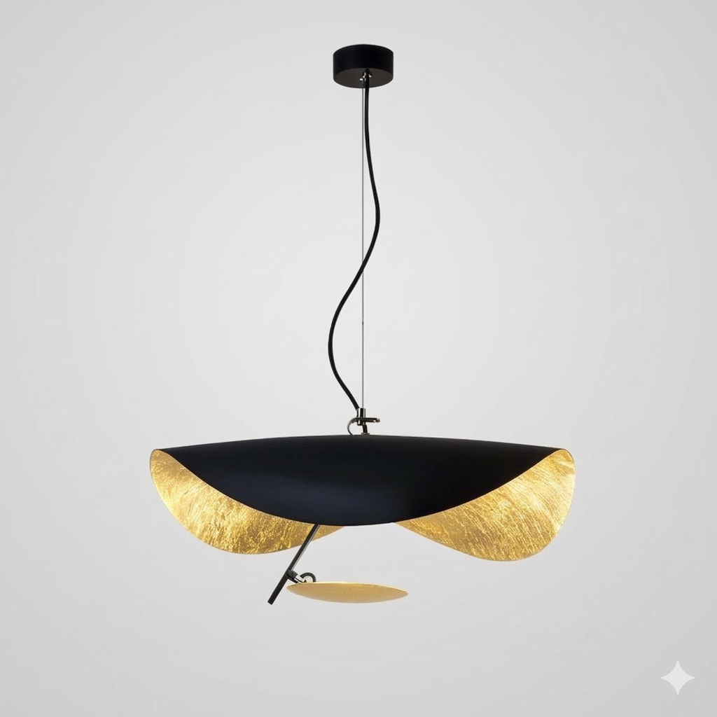 Lightigious Aurelia Hanging Light - matte black and gold leaf interior pendant 400mm 600mm