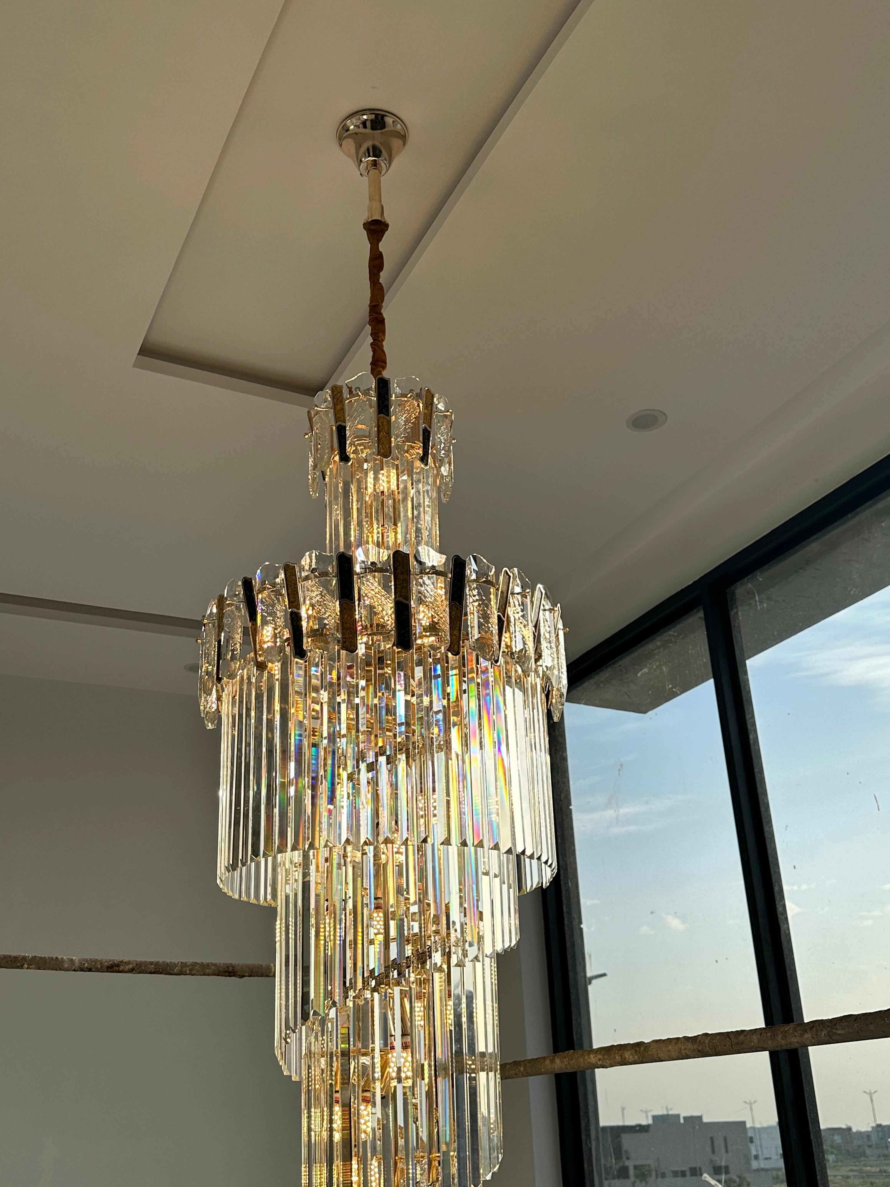 Lightigious Stair Crystal Chandelier installed in luxury villa entryway