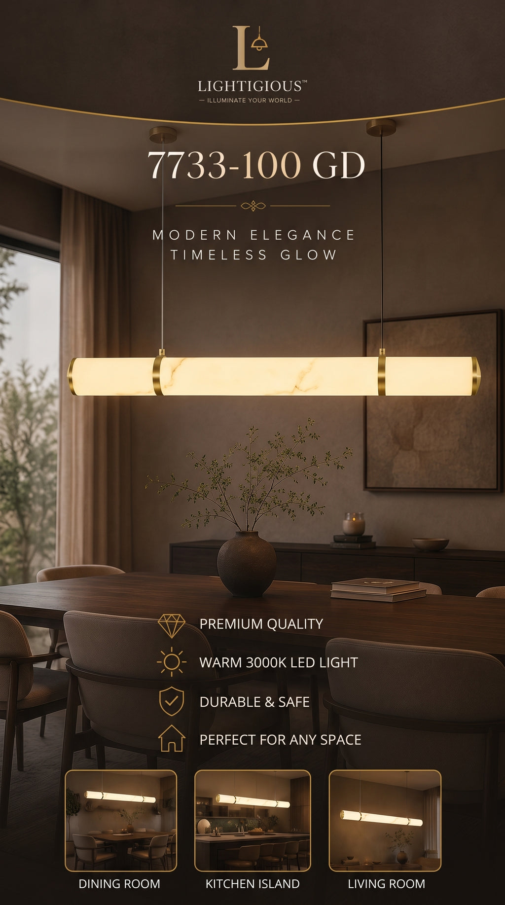 Lightigious™ Aurelia Alabaster Linear LED Pendant Light – 100cm Brushed Gold
