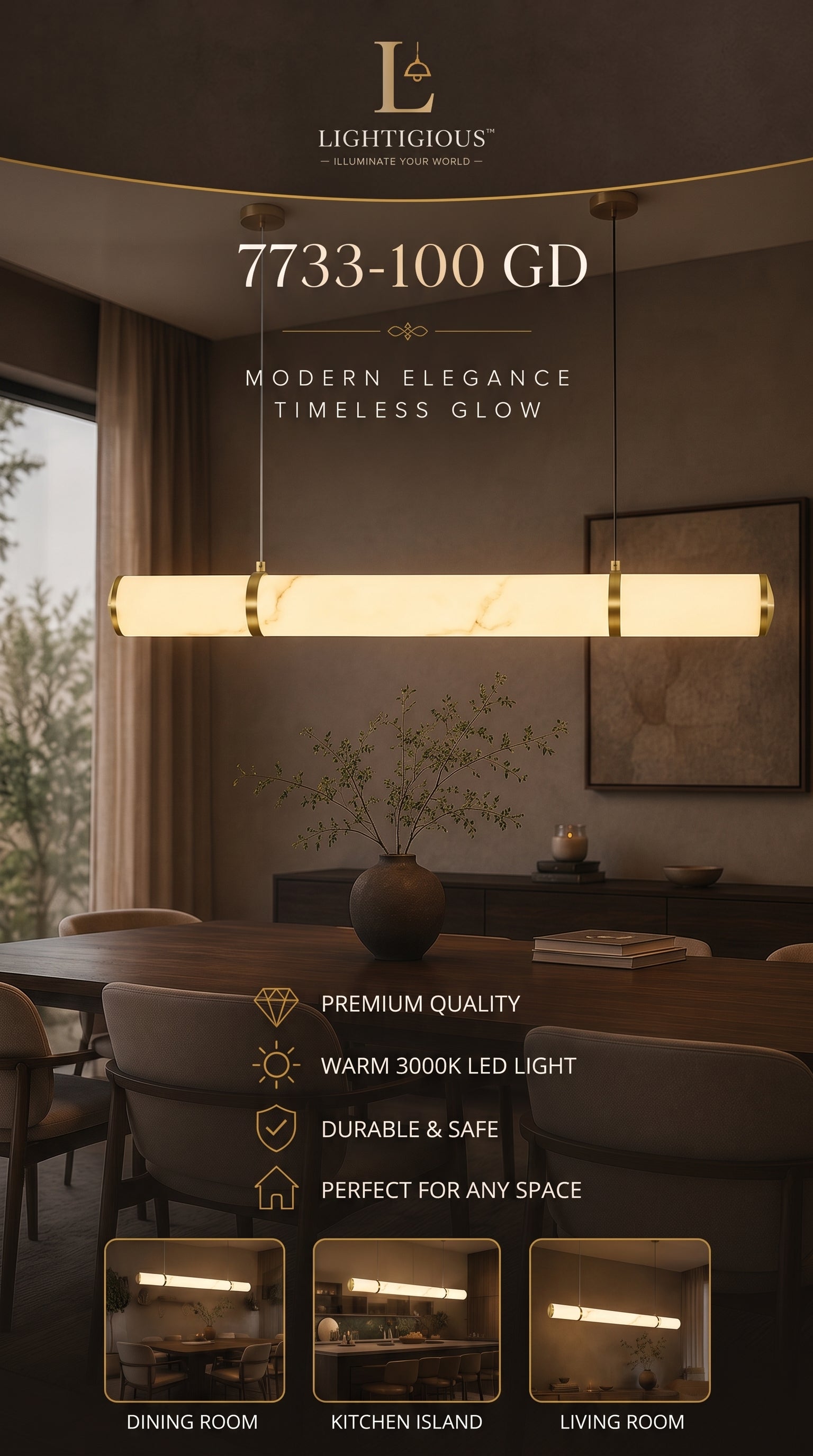 Lightigious™ Aurelia Alabaster Linear LED Pendant Light – 100cm Brushed Gold