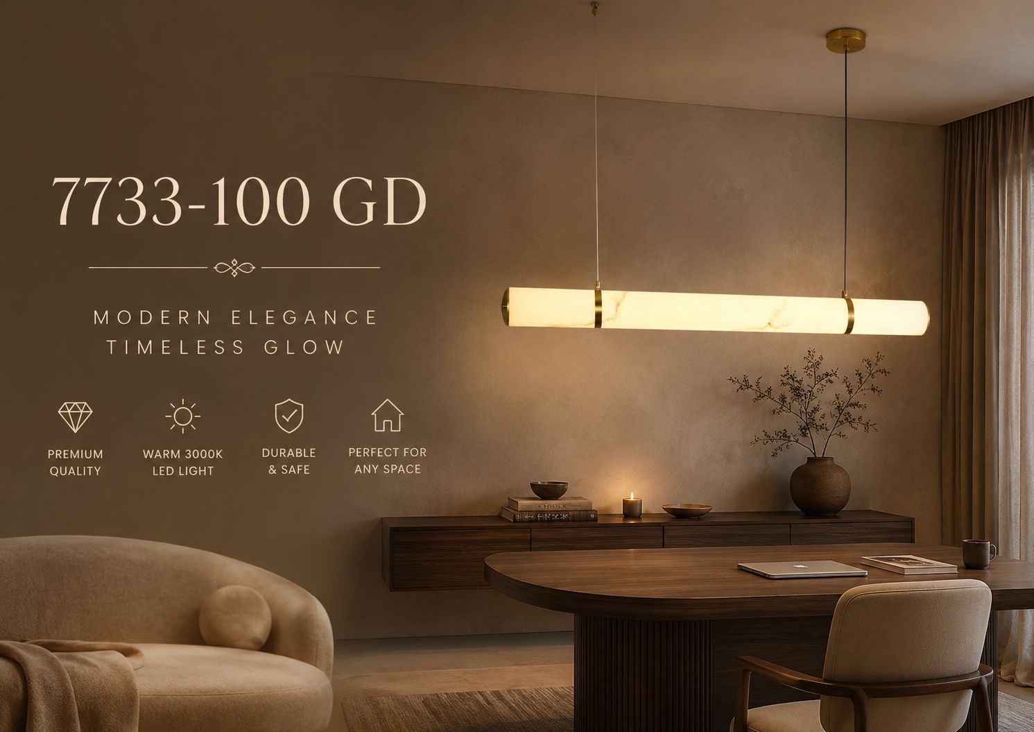 Lightigious Aurelia Alabaster Linear Pendant - warm white 3000K glow over dining table lifestyle shot
