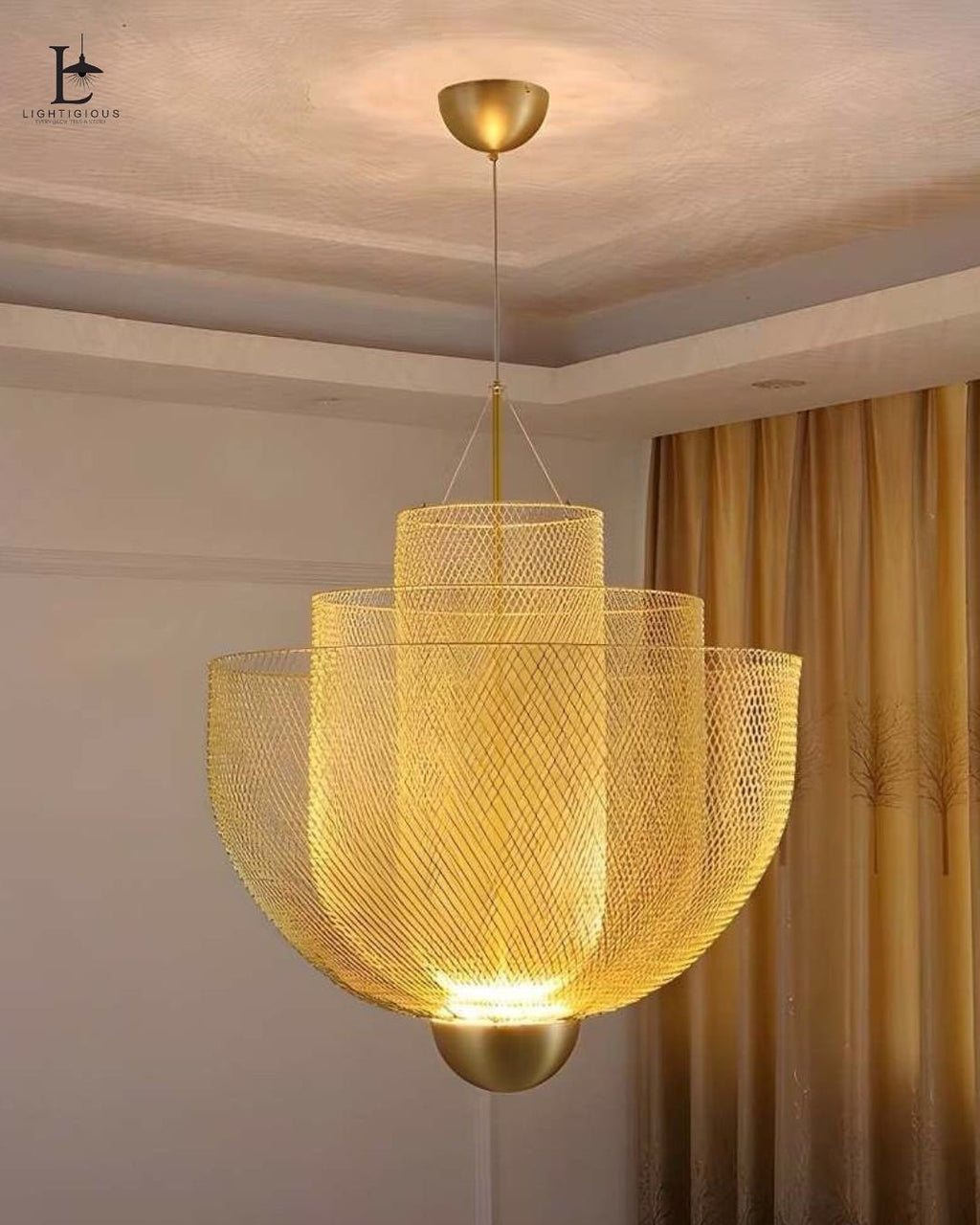 Lightigious™ – Imported Modern Metal Iron Mesh 3-Layer Gold Chandelier with Warm White LED