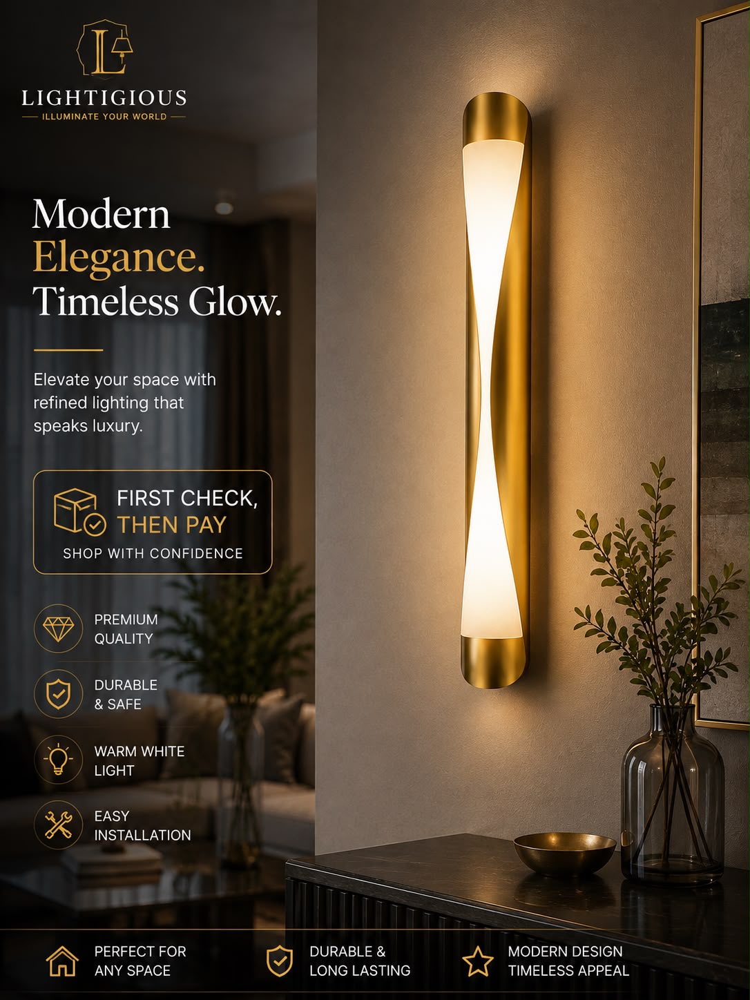 Lightigious™ Stiletto Gold Sconce – Slim Vertical LED Wall Light
